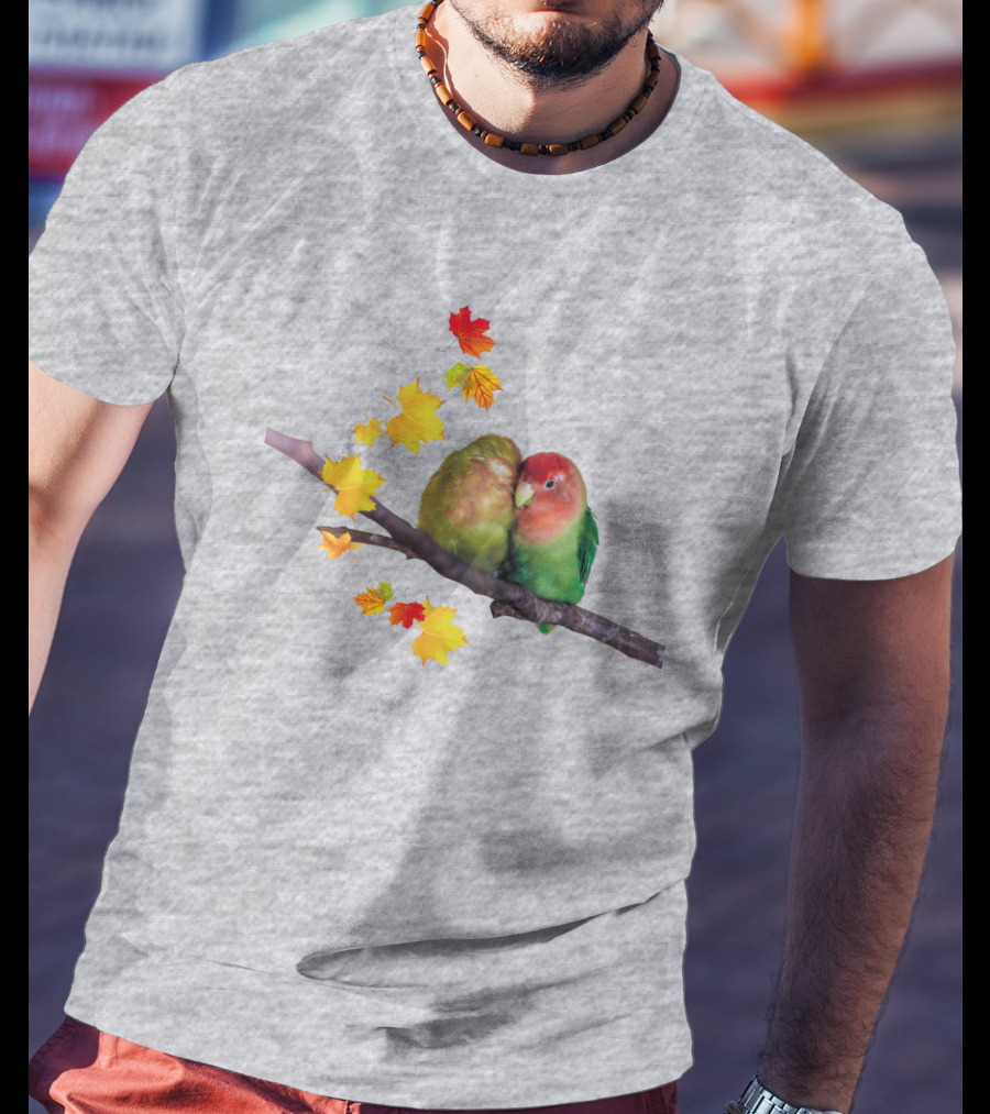 Lovebirds With Autumn Leaves On Branch T-Shirt
