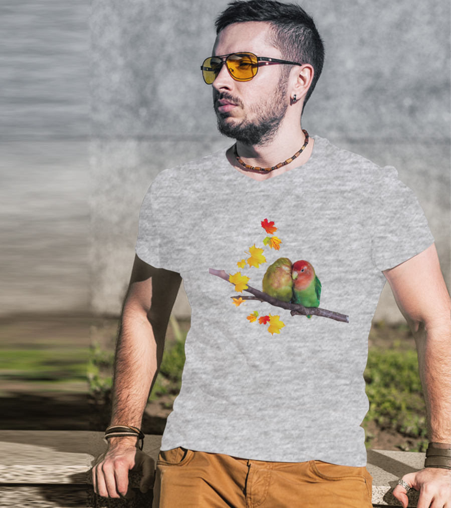 Lovebirds With Autumn Leaves On Branch T-Shirt