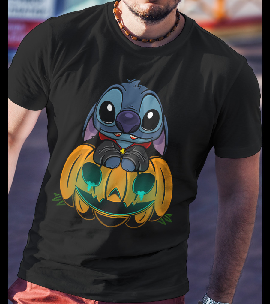 Cute Halloween Stitch With Glowing Pumpkin T-Shirt