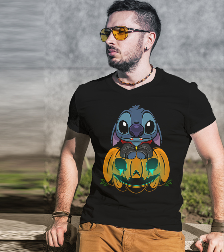 Cute Halloween Stitch With Glowing Pumpkin T-Shirt