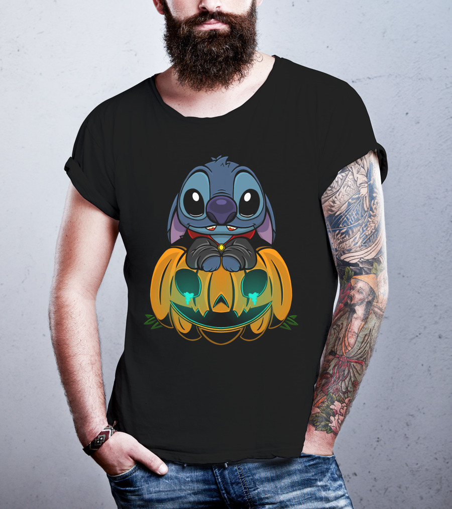 Cute Halloween Stitch With Glowing Pumpkin T-Shirt