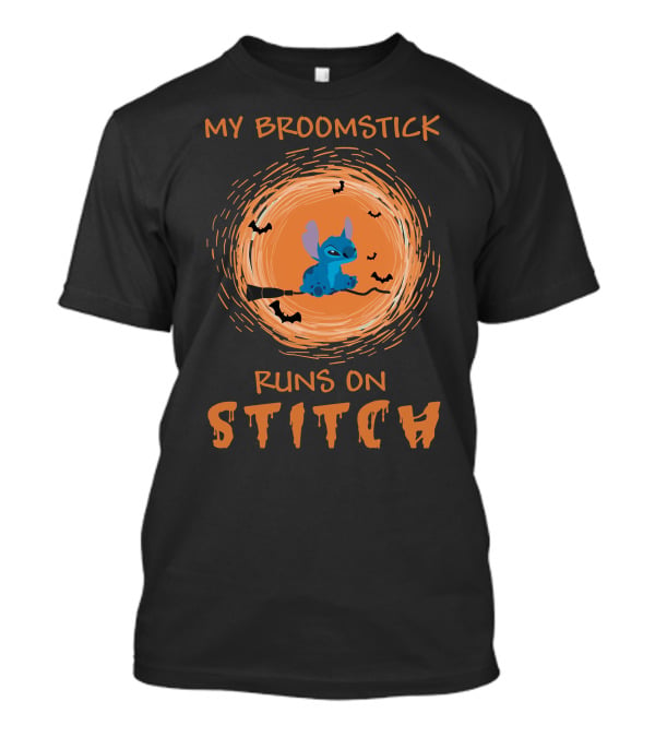 My Broomstick Runs On Stitch Halloween Bats Moon T-Shirt