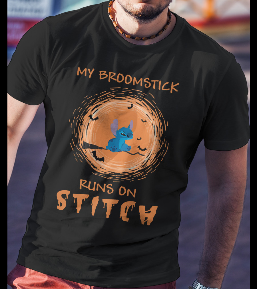 My Broomstick Runs On Stitch Halloween Bats Moon T-Shirt