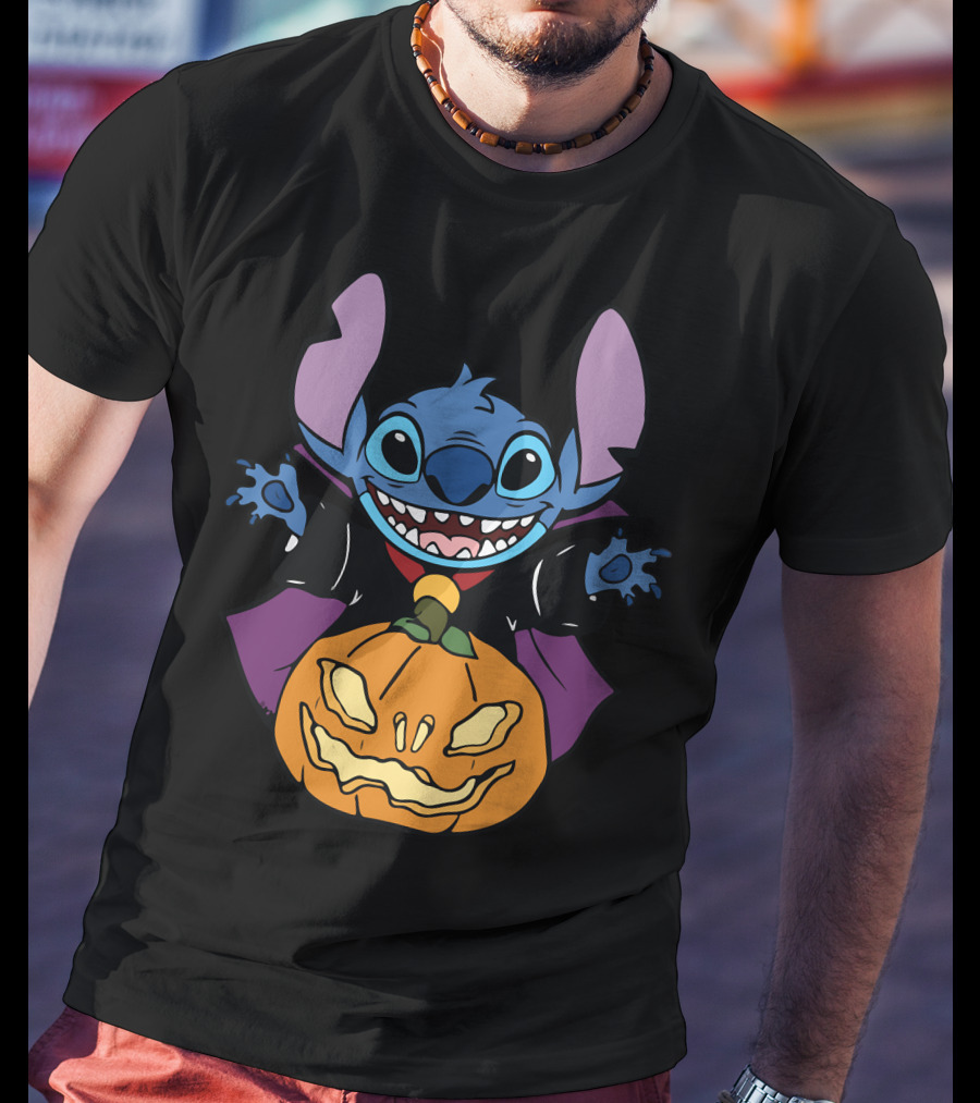 Cute Halloween Vampire Stitch Hugging Pumpkin T-Shirt