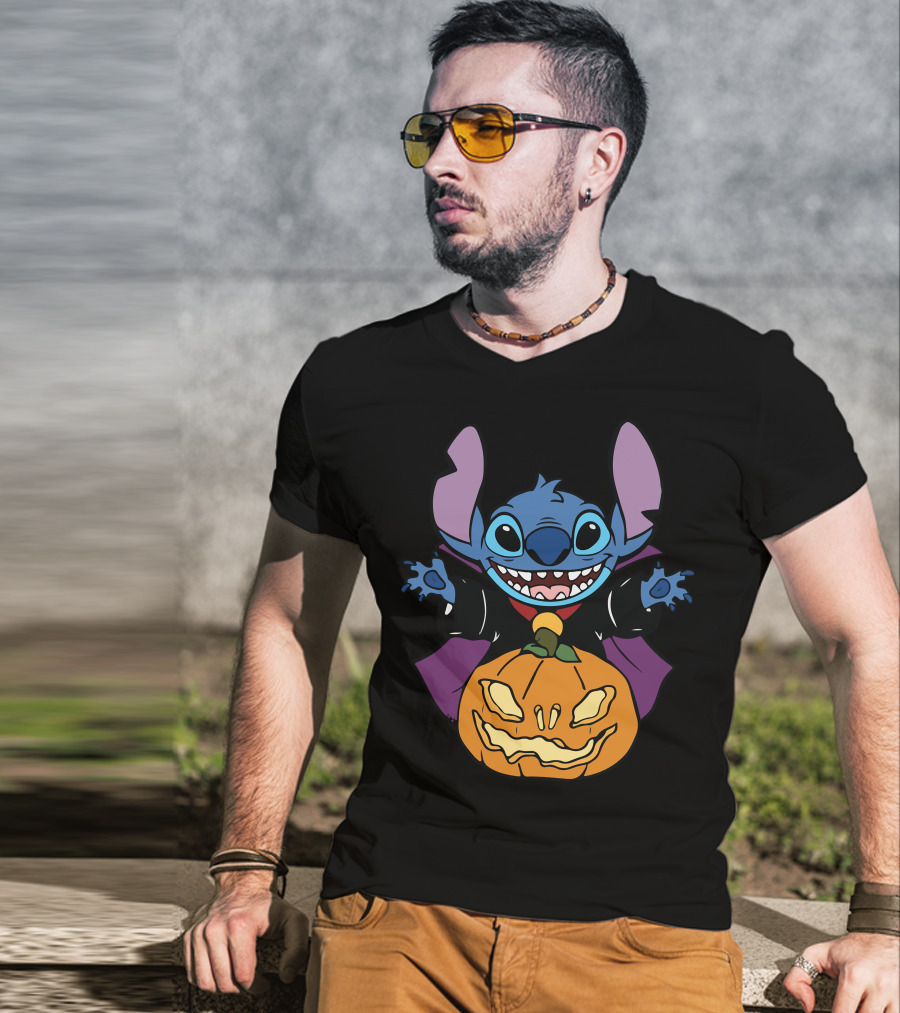 Cute Halloween Vampire Stitch Hugging Pumpkin T-Shirt