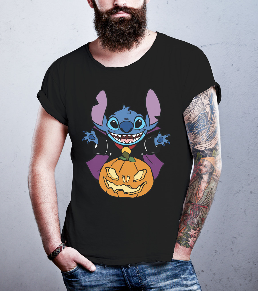 Cute Halloween Vampire Stitch Hugging Pumpkin T-Shirt