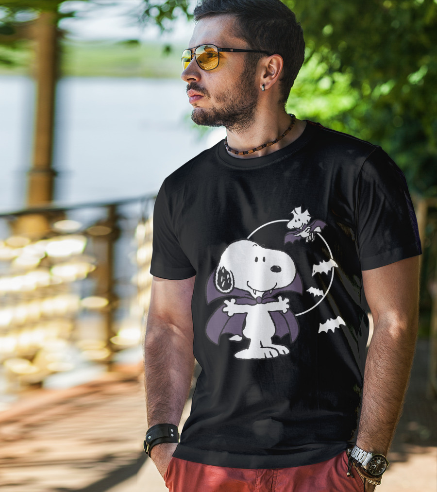 Snoopy Halloween Vampire With Flying Bats T-Shirt