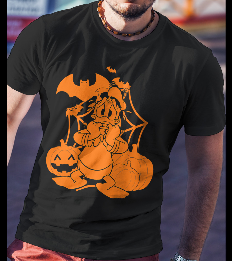 Donald Duck Halloween Pumpkins With Bat And Spider Webs T-Shirt