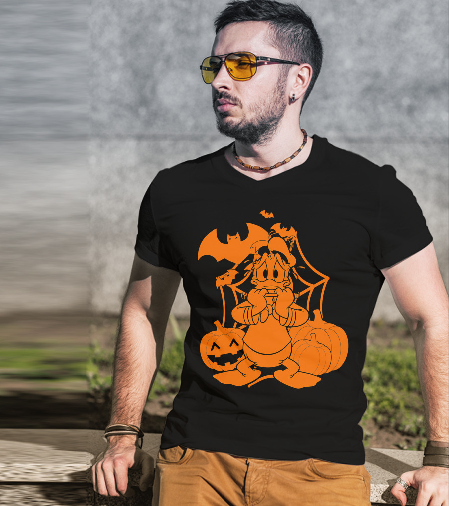 Donald Duck Halloween Pumpkins With Bat And Spider Webs T-Shirt