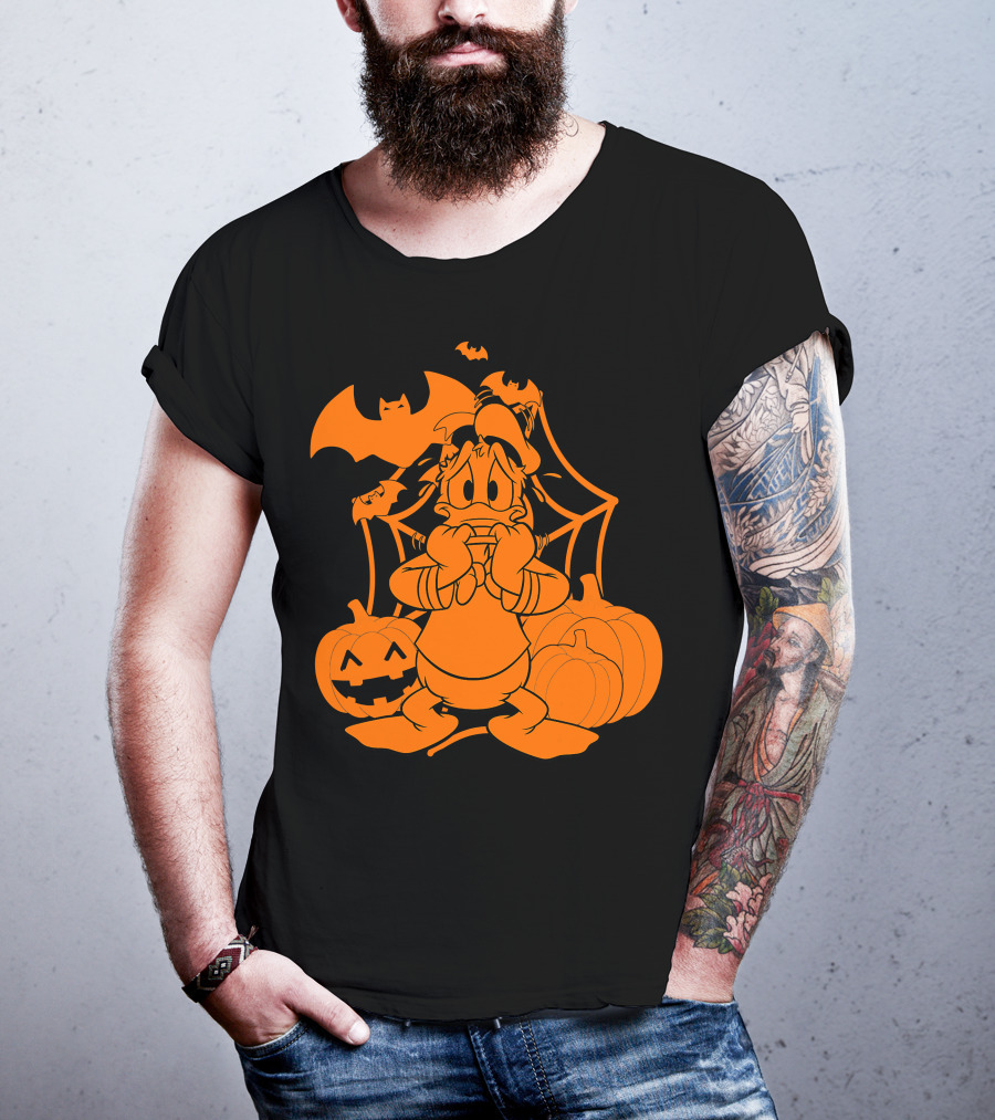 Donald Duck Halloween Pumpkins With Bat And Spider Webs T-Shirt