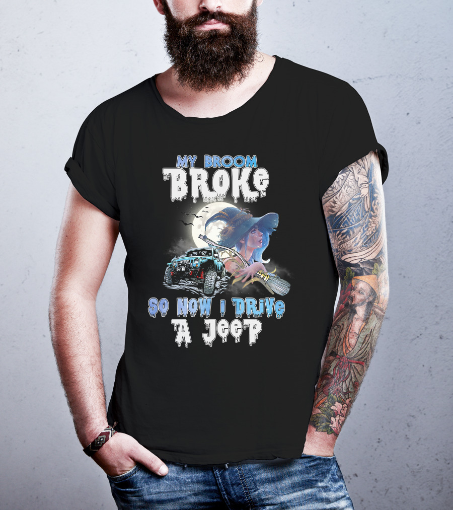 My Broom Broke Witch And Jeep Adventure With Moon And Bats T-Shirt