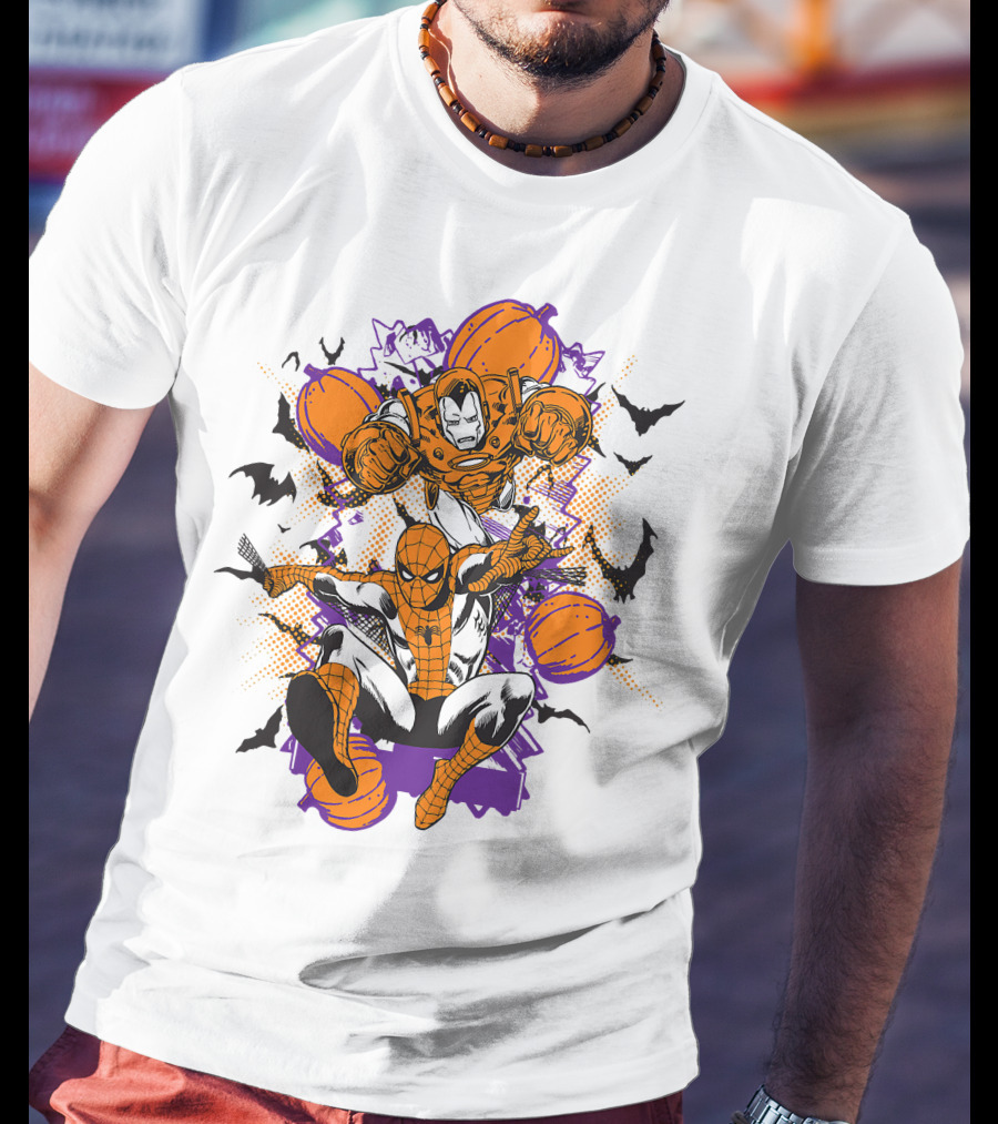 Marvel Spider Man And Iron Man Halloween Pumpkins And Bats T-Shirt