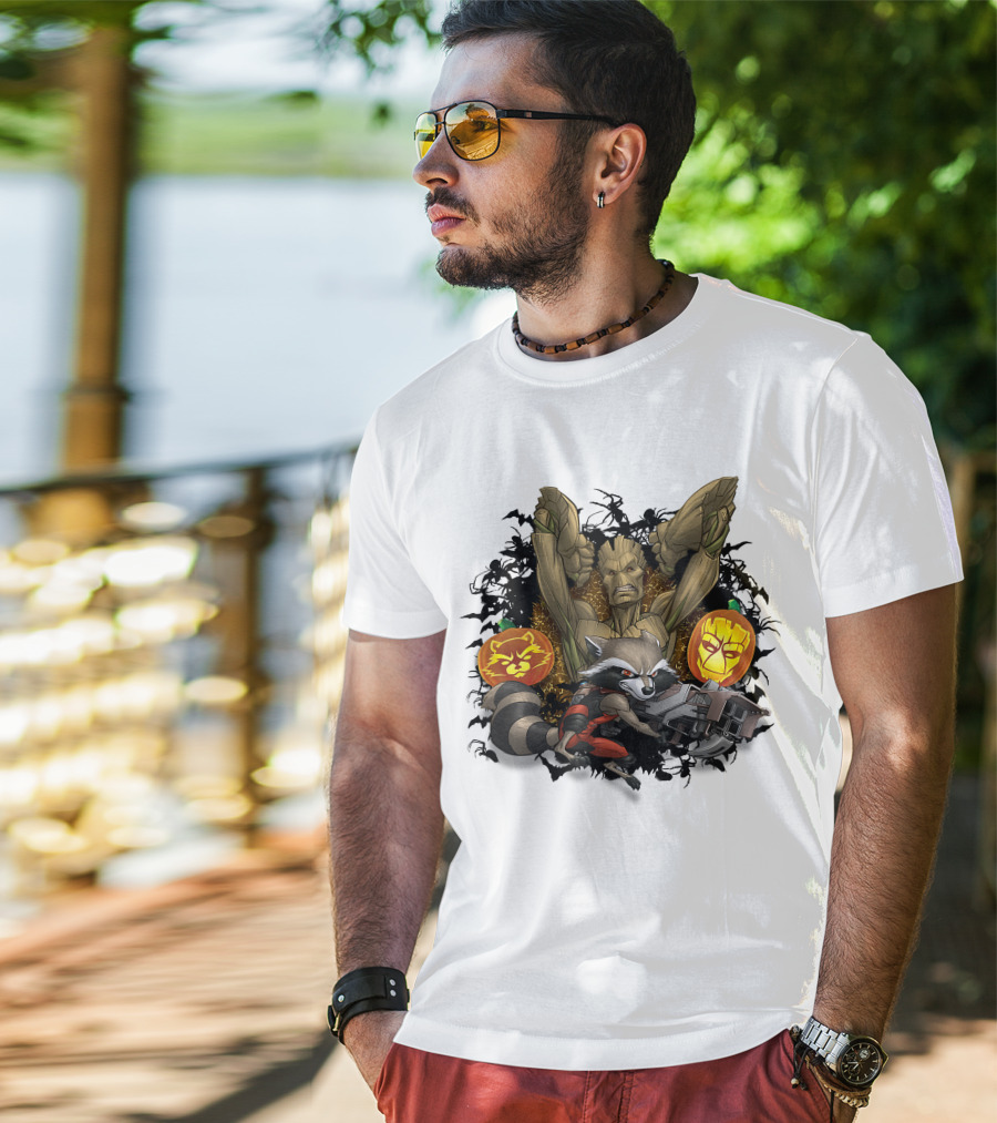 Groot And Rocket Raccoon Halloween Jack O' Lantern Duo T-Shirt