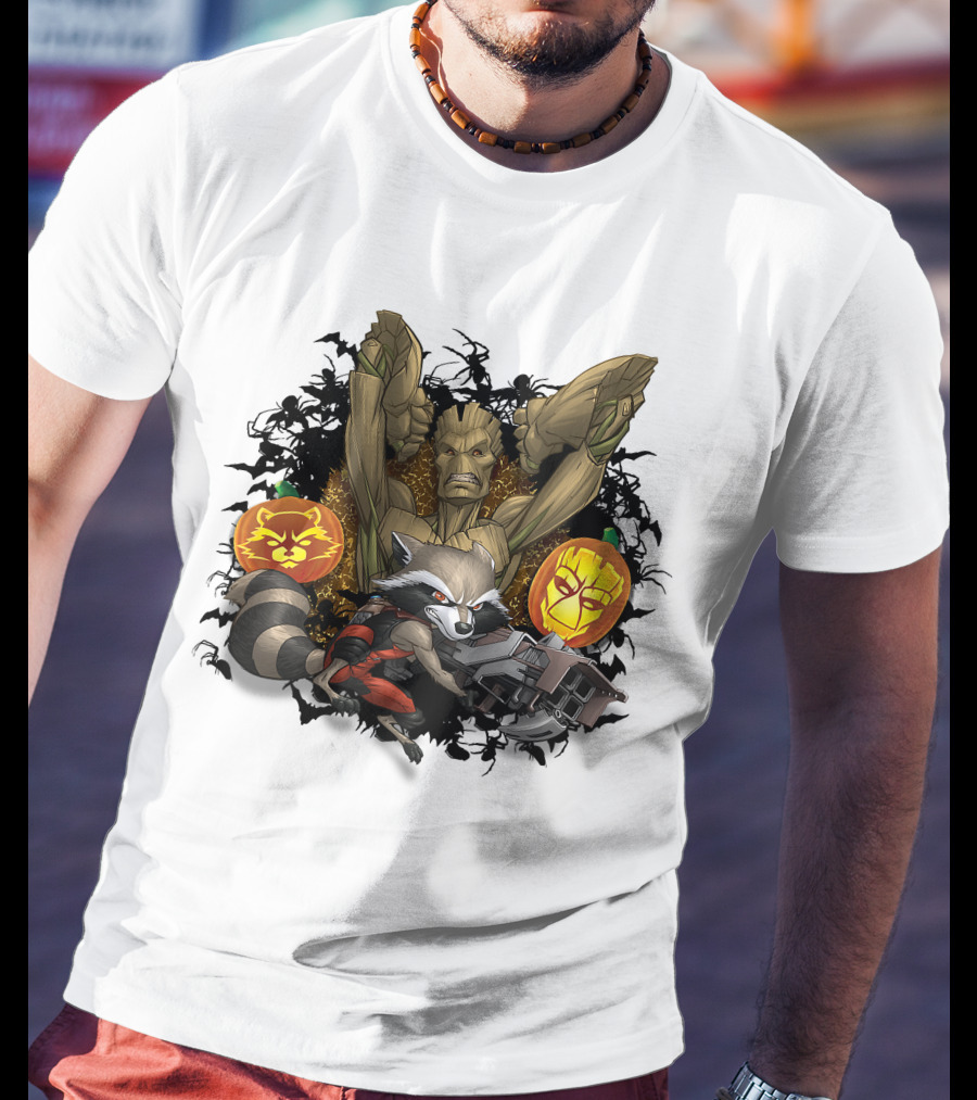 Groot And Rocket Raccoon Halloween Jack O' Lantern Duo T-Shirt