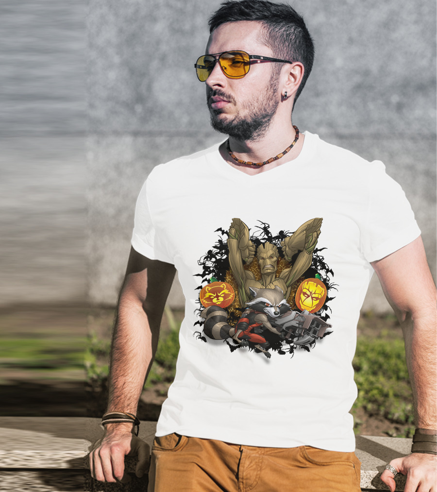 Groot And Rocket Raccoon Halloween Jack O' Lantern Duo T-Shirt