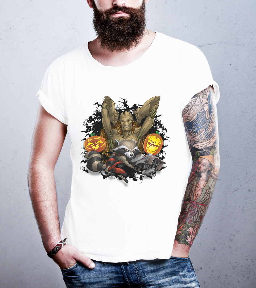 Groot And Rocket Raccoon Halloween Jack O' Lantern Duo T-Shirt