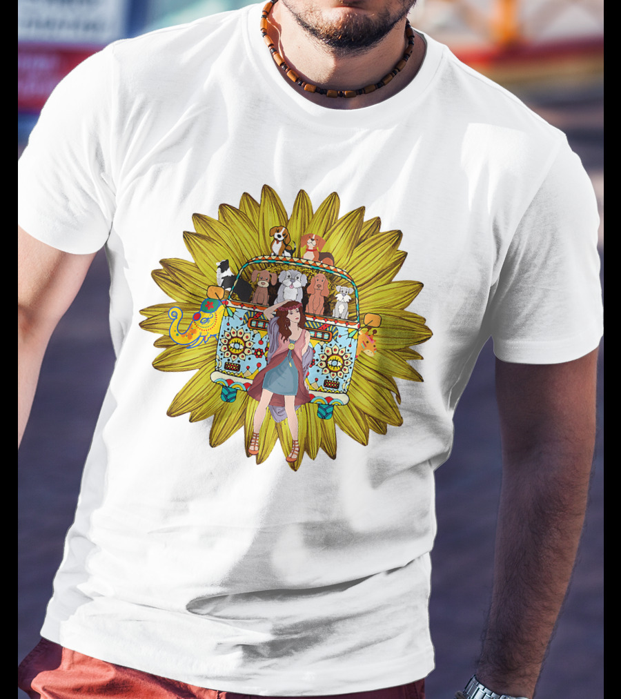 I'm Mostly Peace Love Animals Hippie Van Sunflower Dogs T-Shirt