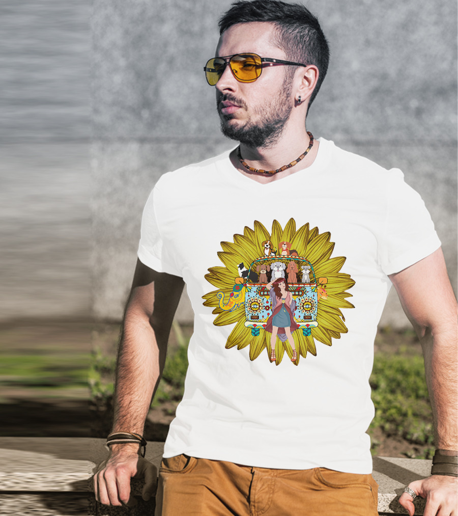 I'm Mostly Peace Love Animals Hippie Van Sunflower Dogs T-Shirt
