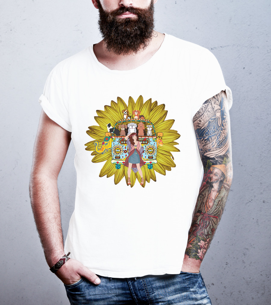 I'm Mostly Peace Love Animals Hippie Van Sunflower Dogs T-Shirt