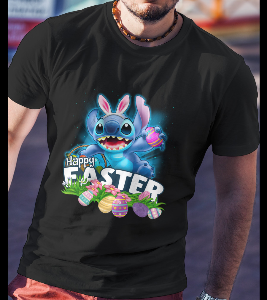 Happy Easter Stitch With Colorful Eggs And Flowers T-Shirt