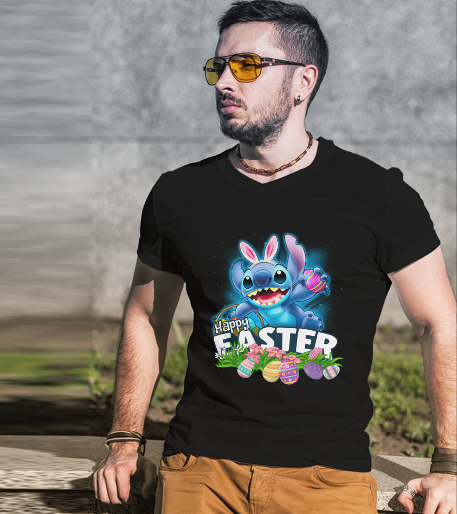 Happy Easter Stitch With Colorful Eggs And Flowers T-Shirt