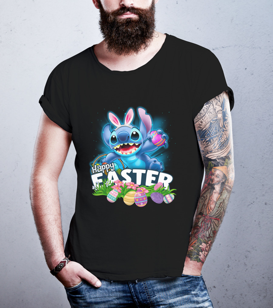 Happy Easter Stitch With Colorful Eggs And Flowers T-Shirt
