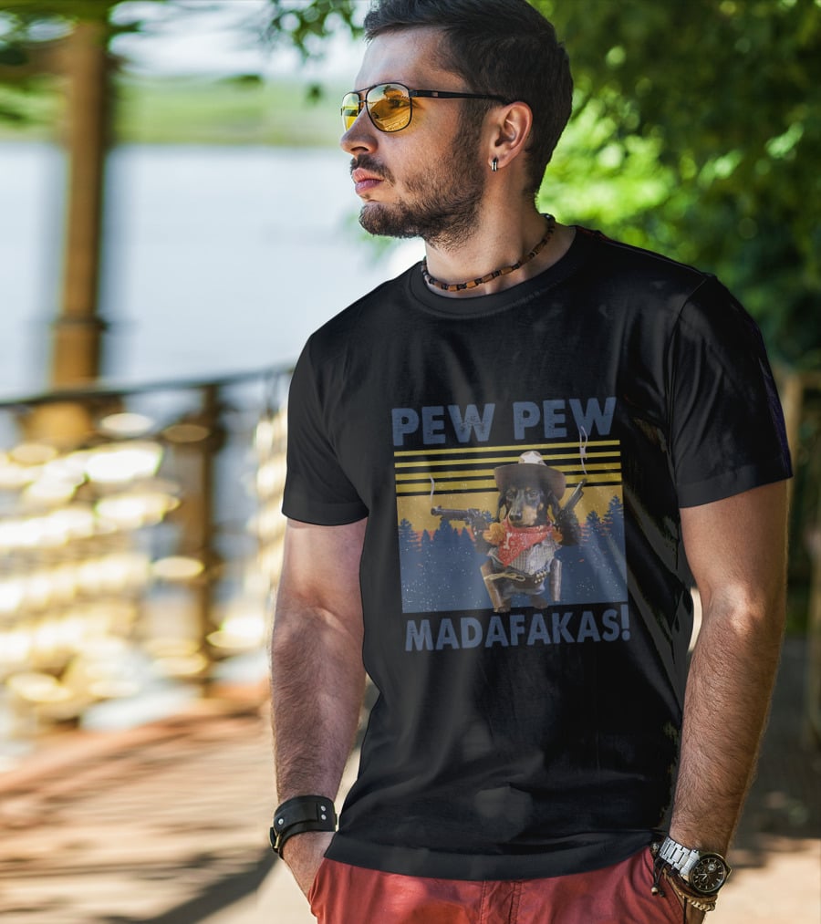 Pew Pew Madafakas Cowboy Dog With Guns And Bandana In Forest T-Shirt