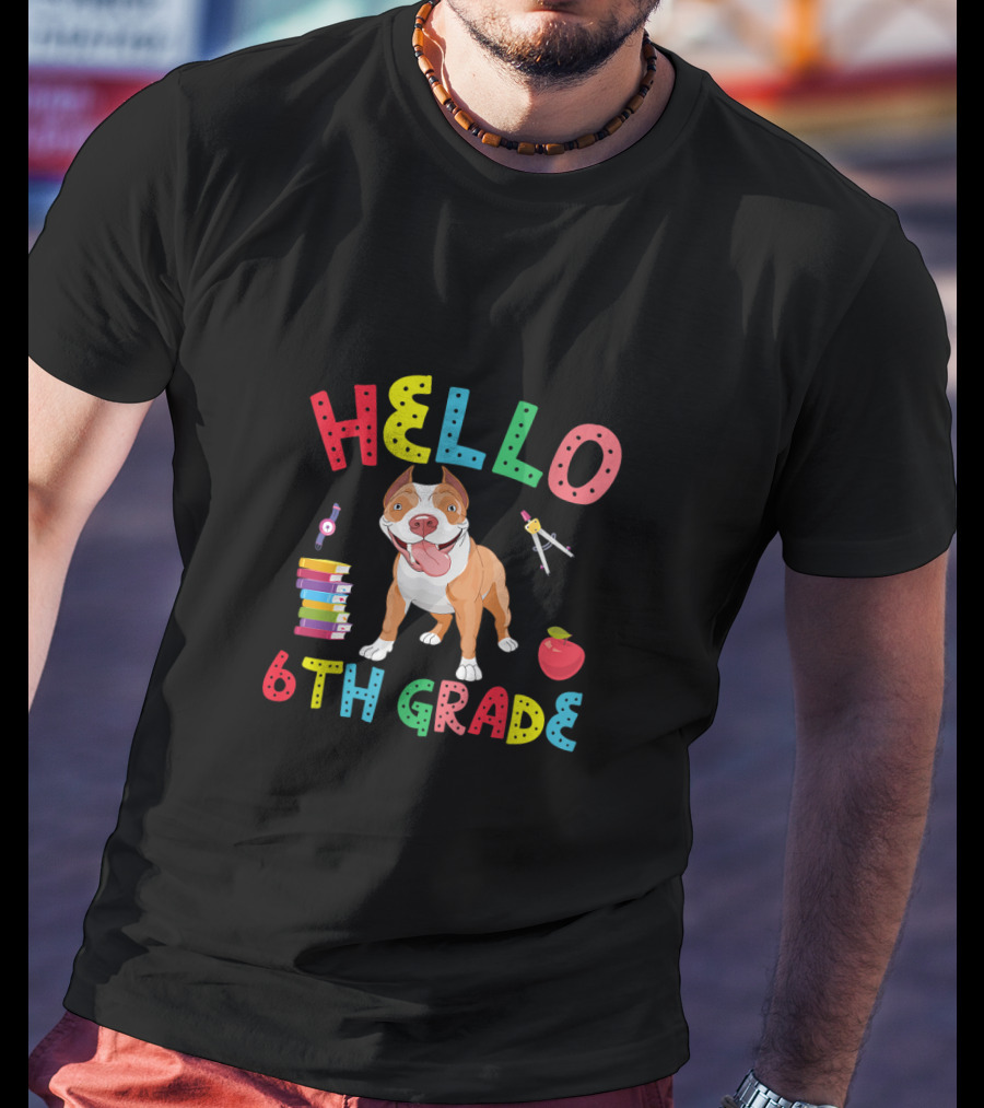 Hello 6th Grade Colorful Pitbull With Books And Apple T-Shirt