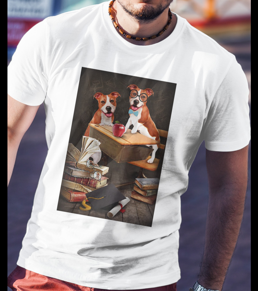 Pitbull Teacher Dogs With Books And Graduation Cap T-Shirt