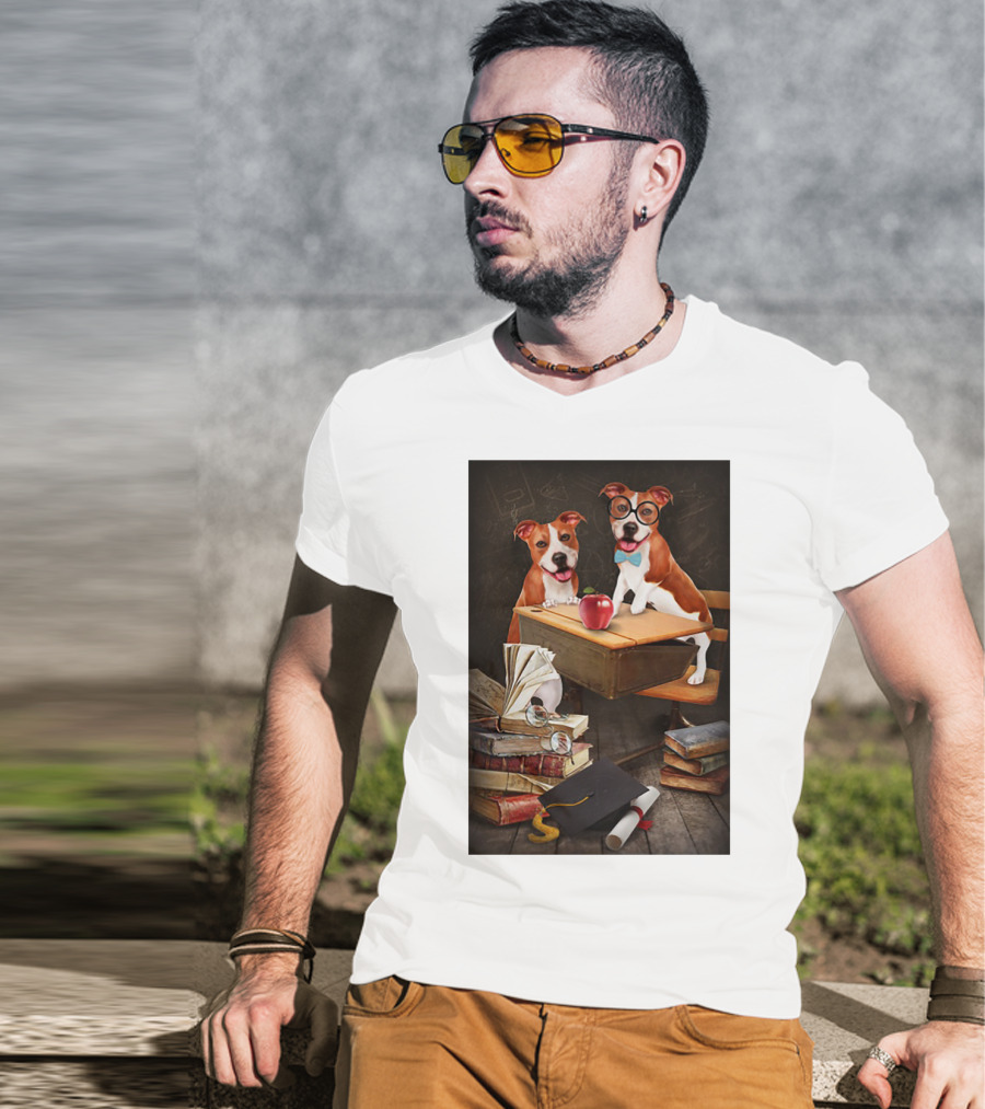 Pitbull Teacher Dogs With Books And Graduation Cap T-Shirt