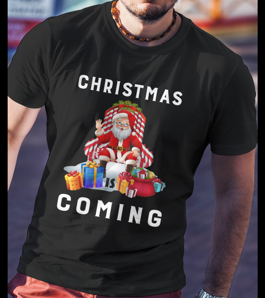 Christmas Is Coming Santa Claus With Candy Cane And Gifts T-Shirt