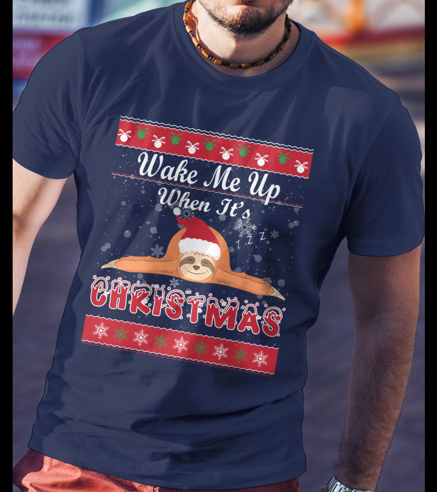 Wake Me Up When It's Christmas Sloth Santa Hat Snowflakes Zzz T-Shirt
