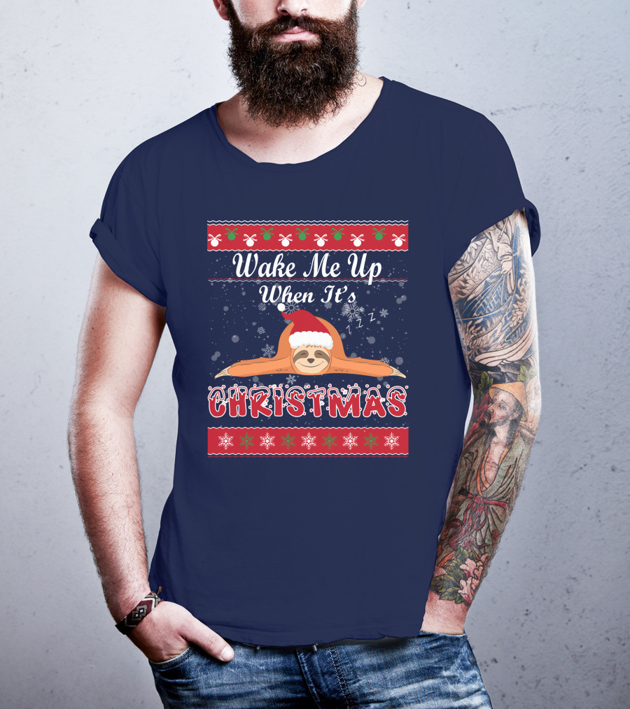 Wake Me Up When It's Christmas Sloth Santa Hat Snowflakes Zzz T-Shirt