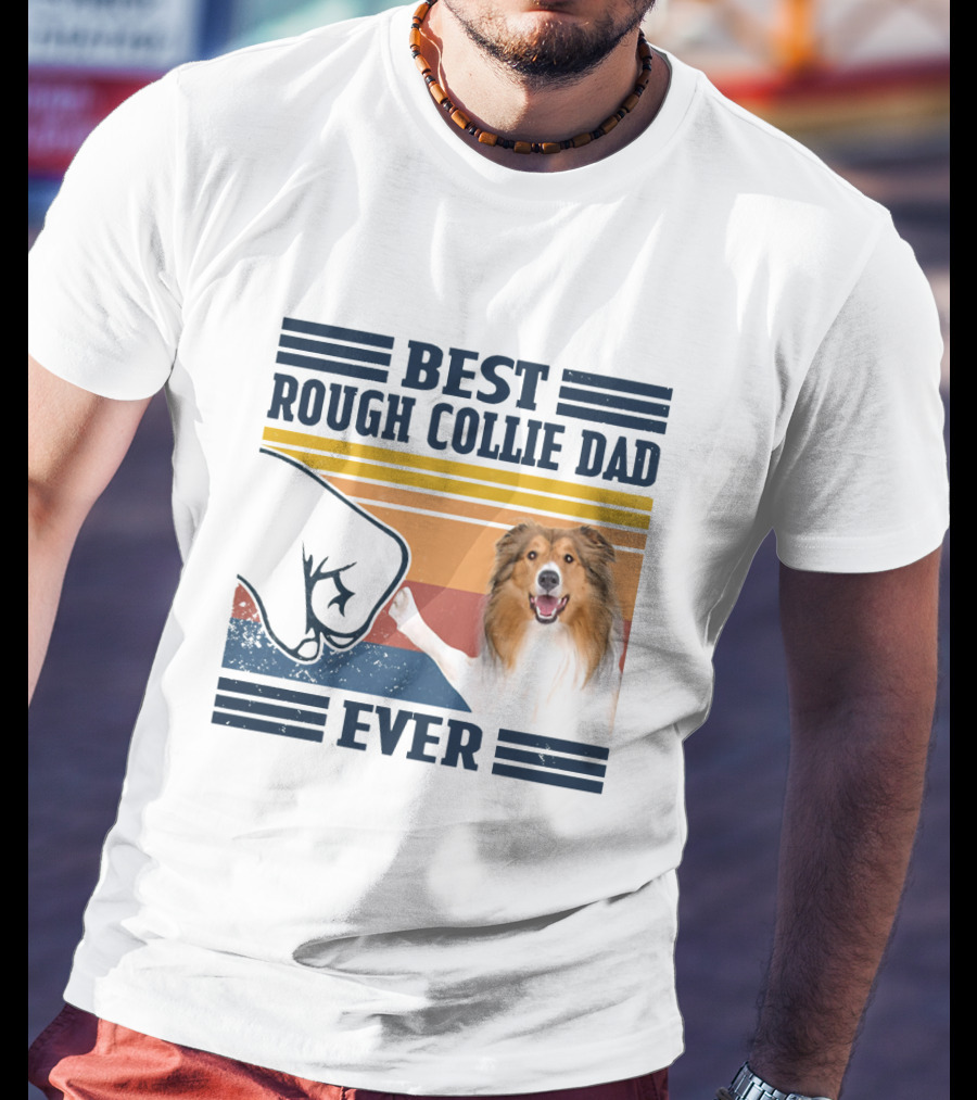 Best Rough Collie Dad Ever Fist Bump Retro Stripes T-Shirt