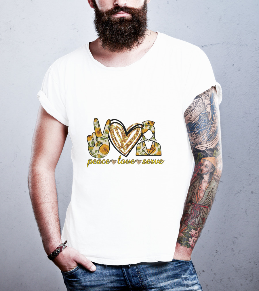 Peace Love Serve Nurse Practitioner Sunflower Heart Peace Sign Nurse Hat T-Shirt