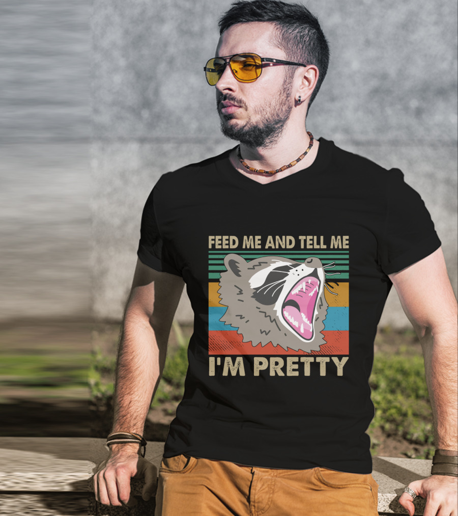 Feed Me And Tell Me I'm Pretty Raccoon Retro Stripes T-Shirt