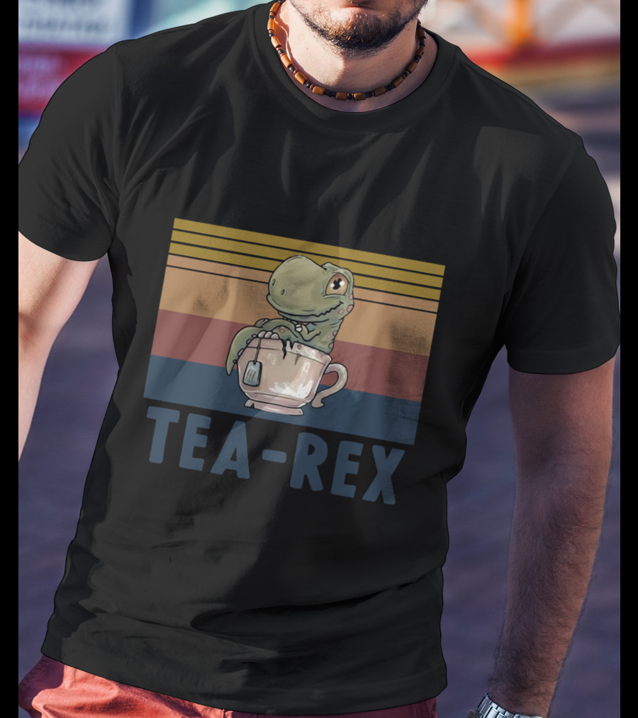 Tea Rex Dinosaur With Retro Sunset Cup T-Shirt