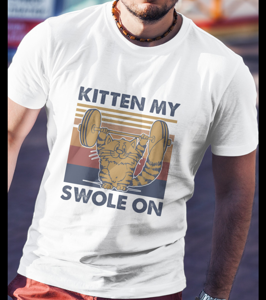 KITTEN MY SWOLE ON Cat Weightlifting Retro Stripes T-Shirt