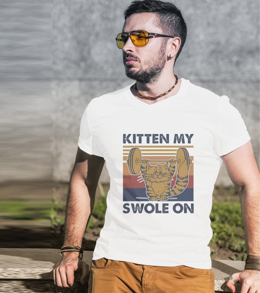 KITTEN MY SWOLE ON Cat Weightlifting Retro Stripes T-Shirt