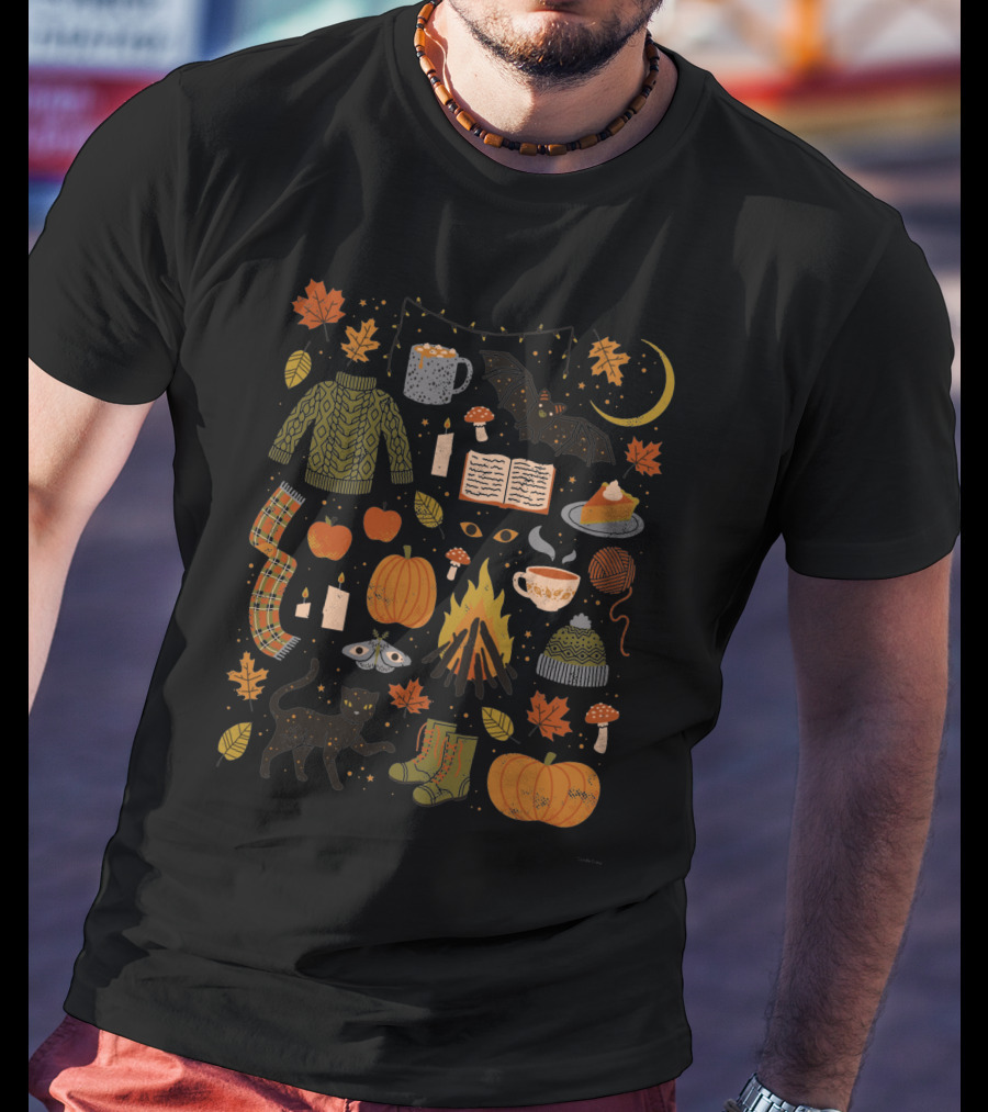 Autumn Nights Cozy Sweater Pumpkin Campfire Black Cat Moonlit Fall Leaves T-Shirt