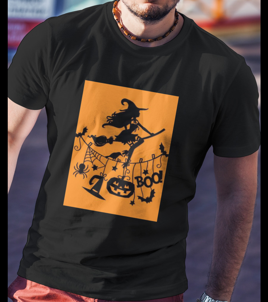 Witch On A Broom Halloween Boo Pumpkin Spider Bat Garland T-Shirt