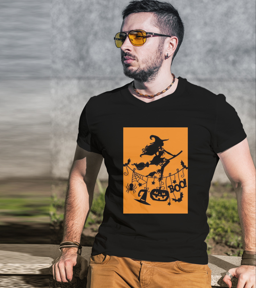 Witch On A Broom Halloween Boo Pumpkin Spider Bat Garland T-Shirt