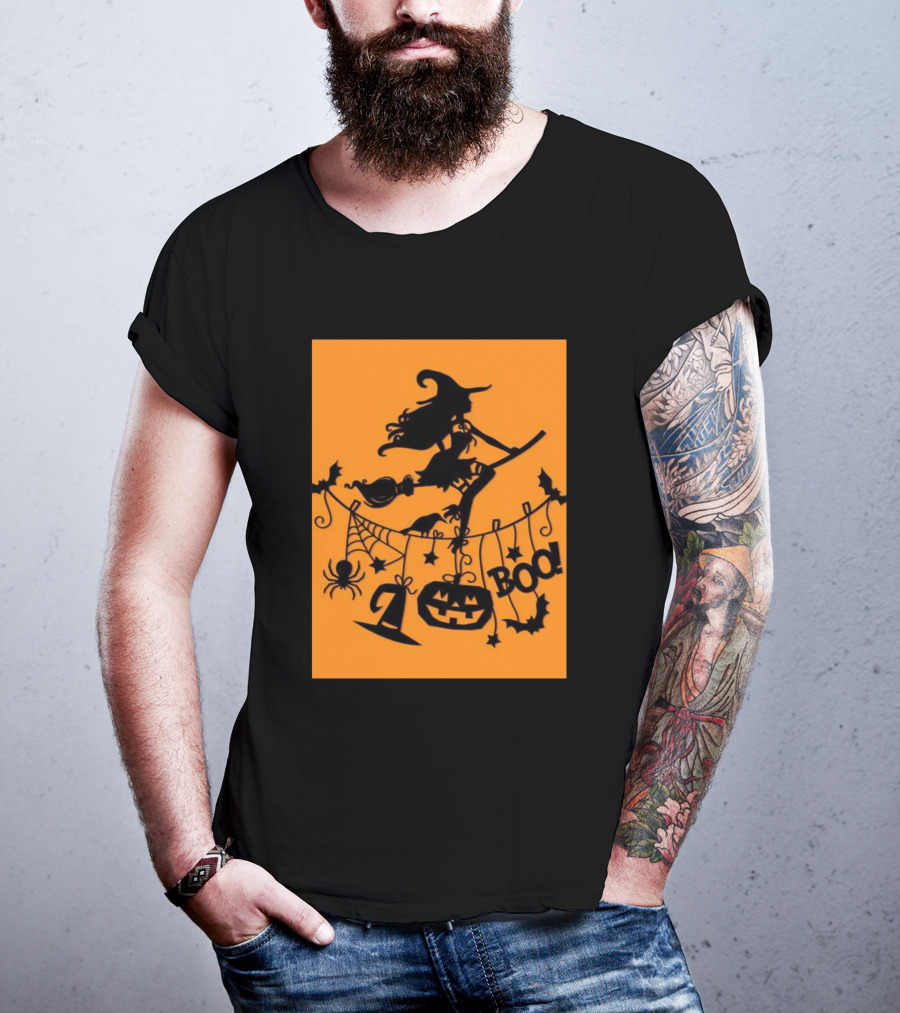 Witch On A Broom Halloween Boo Pumpkin Spider Bat Garland T-Shirt