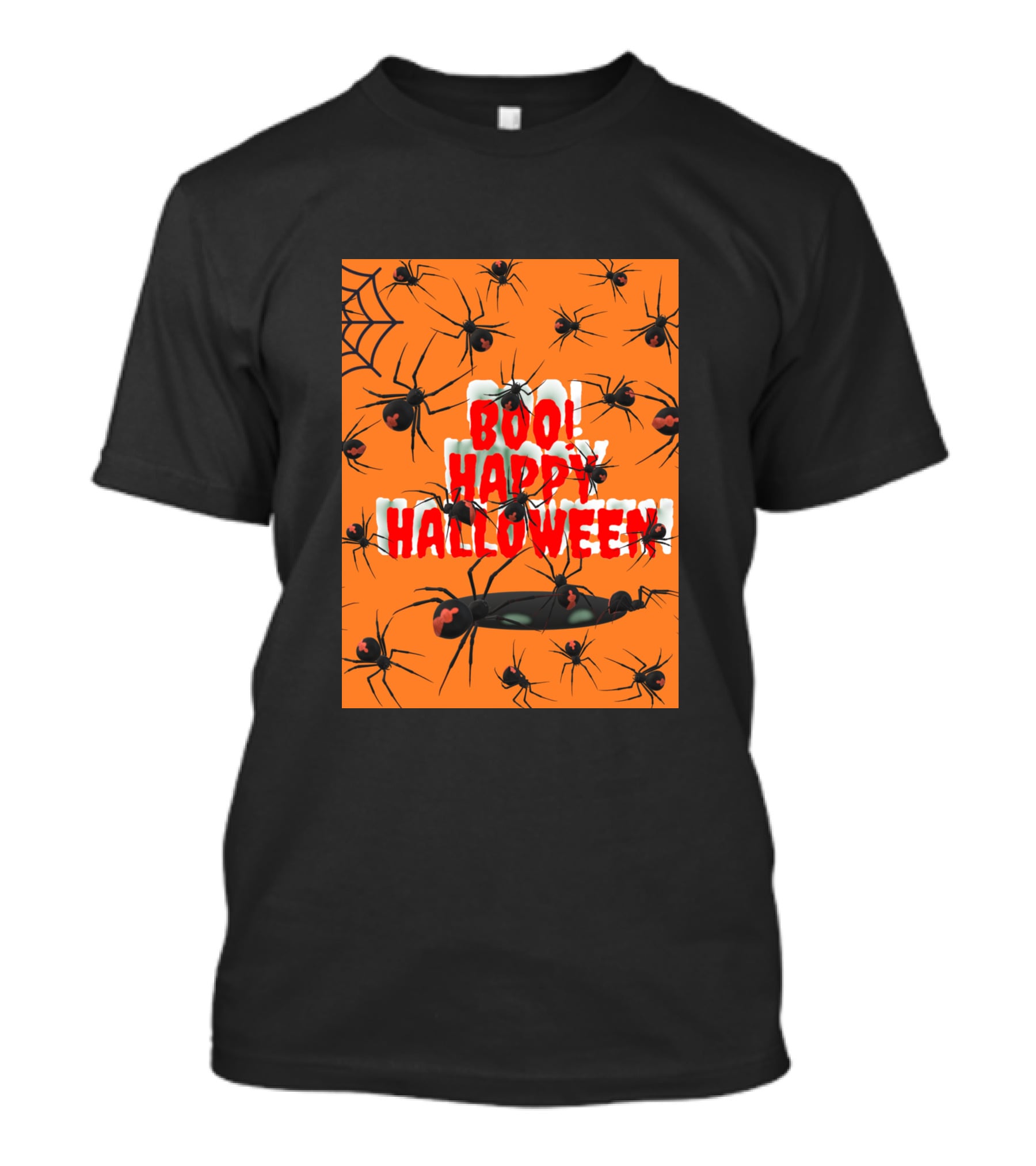 BOO Happy Halloween Spiders Orange Web T-Shirt