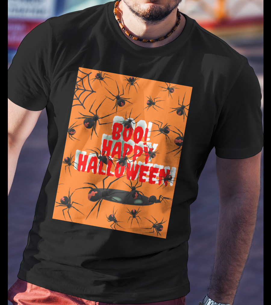 BOO Happy Halloween Spiders Orange Web T-Shirt