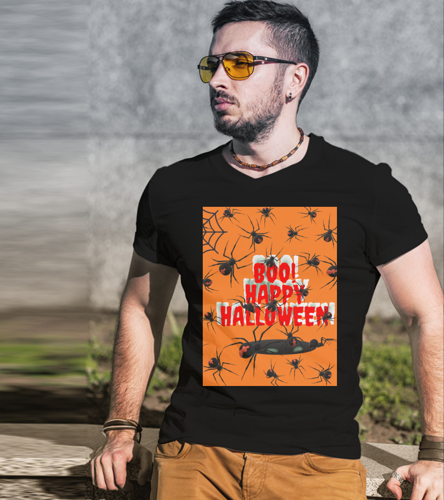BOO Happy Halloween Spiders Orange Web T-Shirt