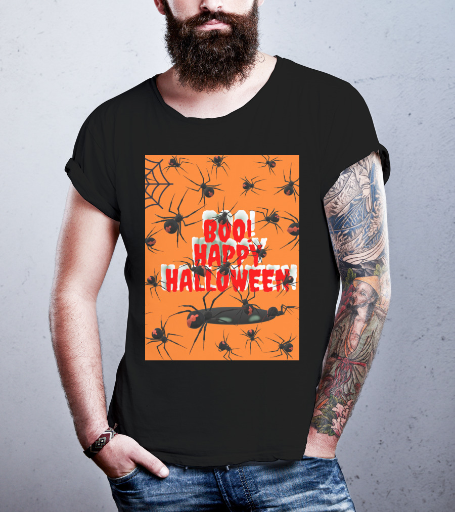 BOO Happy Halloween Spiders Orange Web T-Shirt