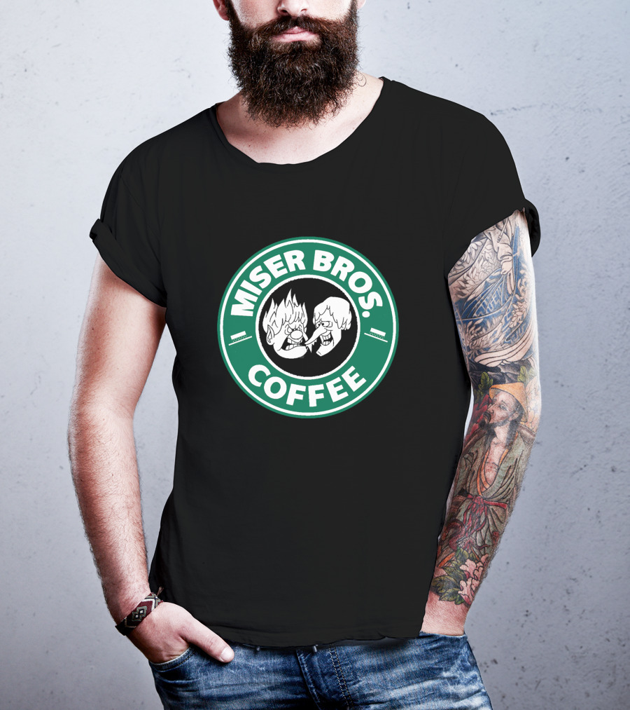Miser Bros Coffee Logo Parody Starbucks Christmas Cartoon Characters T-Shirt
