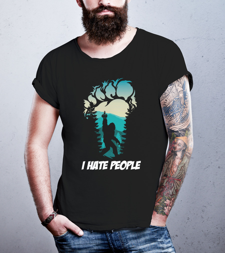 I Hate People Bigfoot Silhouette Footprint Forest Scene T-Shirt