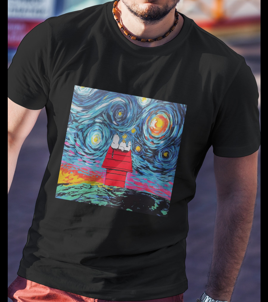 Snoopy And Woodstock On The Doghouse Under A Starry Night T-Shirt